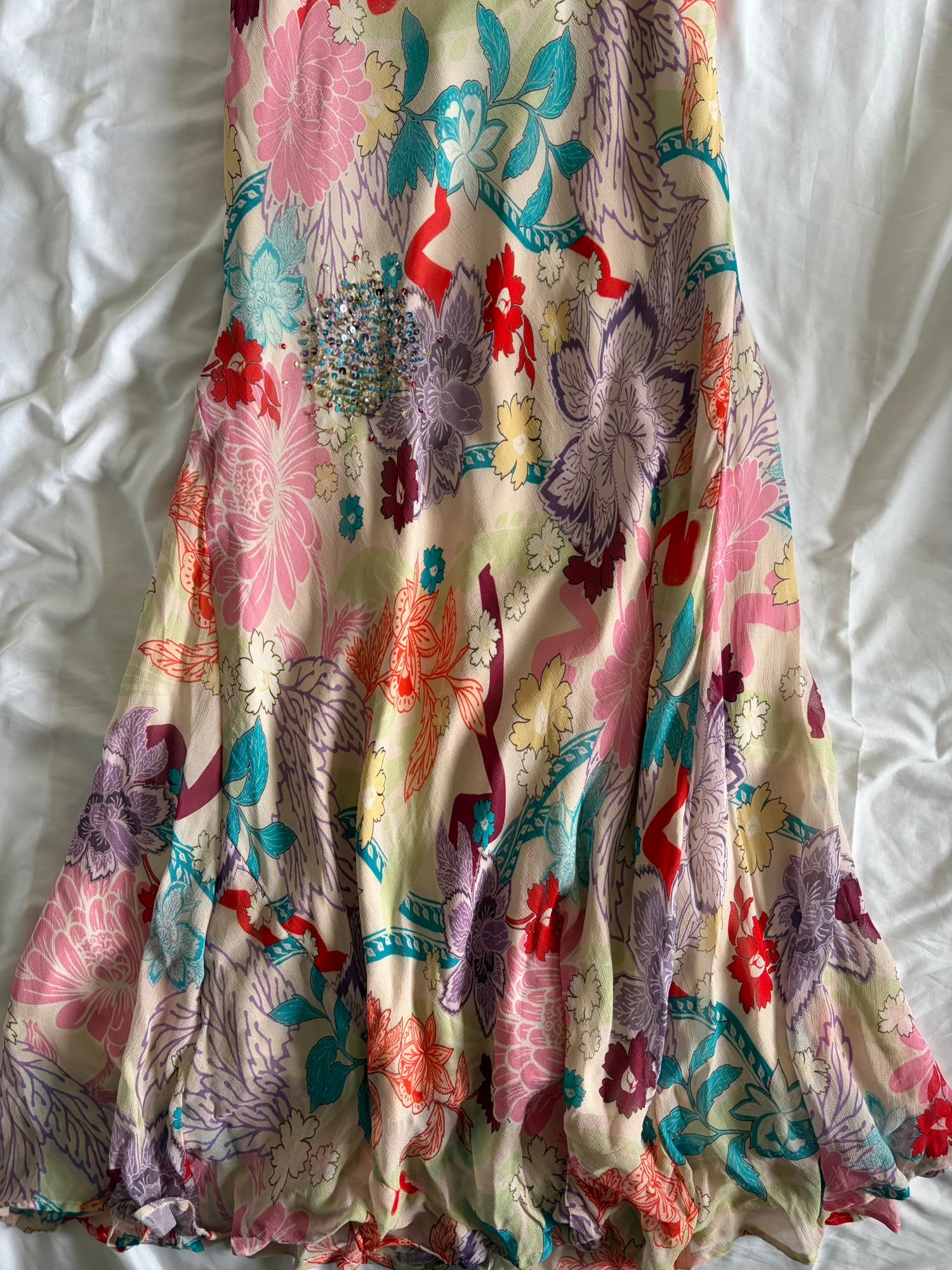 Vintage Y2K Cream Floral Fairy Dress with Sequin and Beaded Details