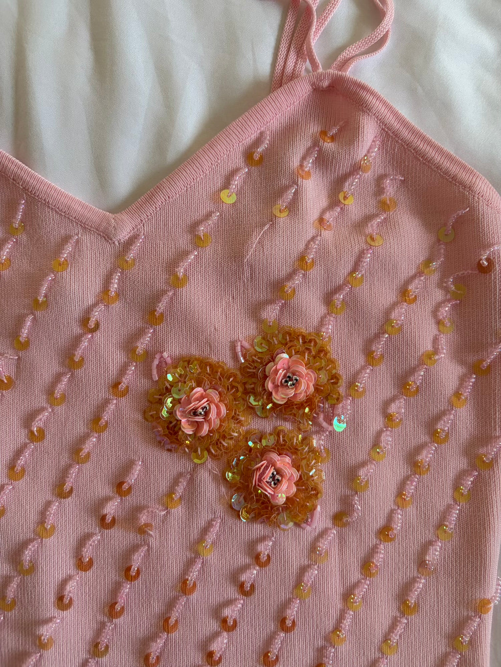 Vintage Y2K Baby Pink Knit Beaded and Sequin Cami with Triple Cross Straps