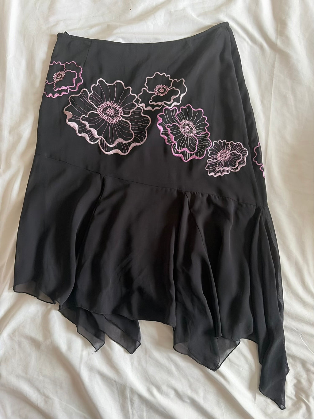 Vintage 1990s Black Asymmetrical Hem Mesh Skirt with Rose Pink Embroidery