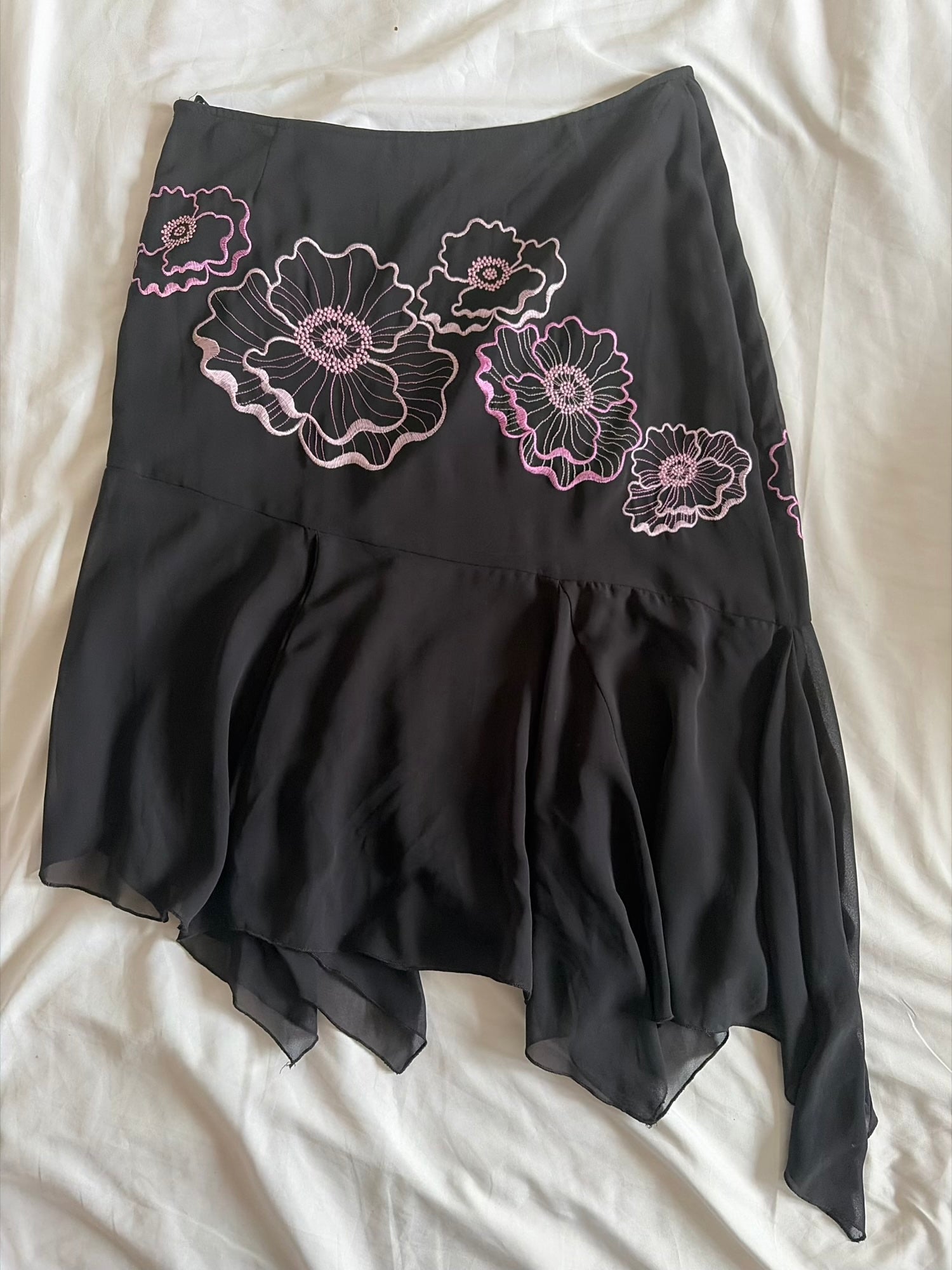 Vintage 1990s Black Asymmetrical Hem Mesh Skirt with Rose Pink Embroidery