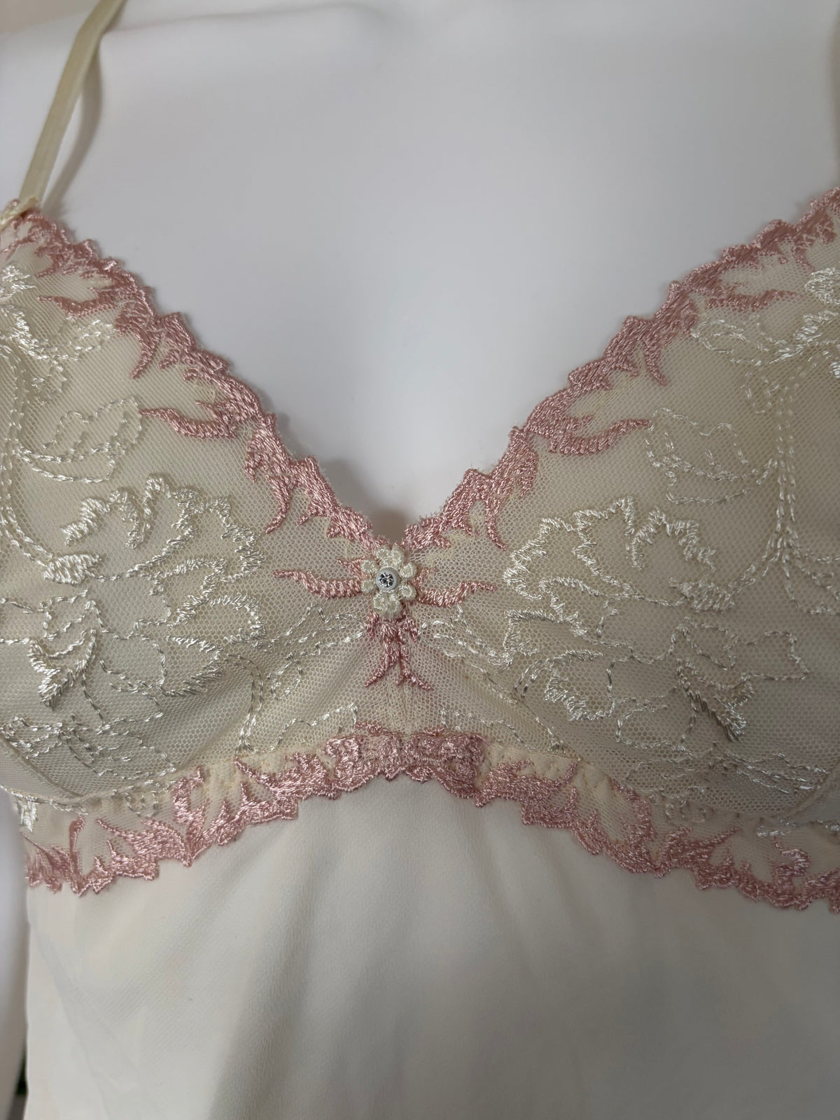 Vintage 1990s Beige Slip with Rose Pink Embroidery