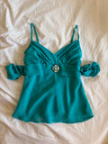 Vintage Y2K teal tie back floaty fairy cami with embellished brooch