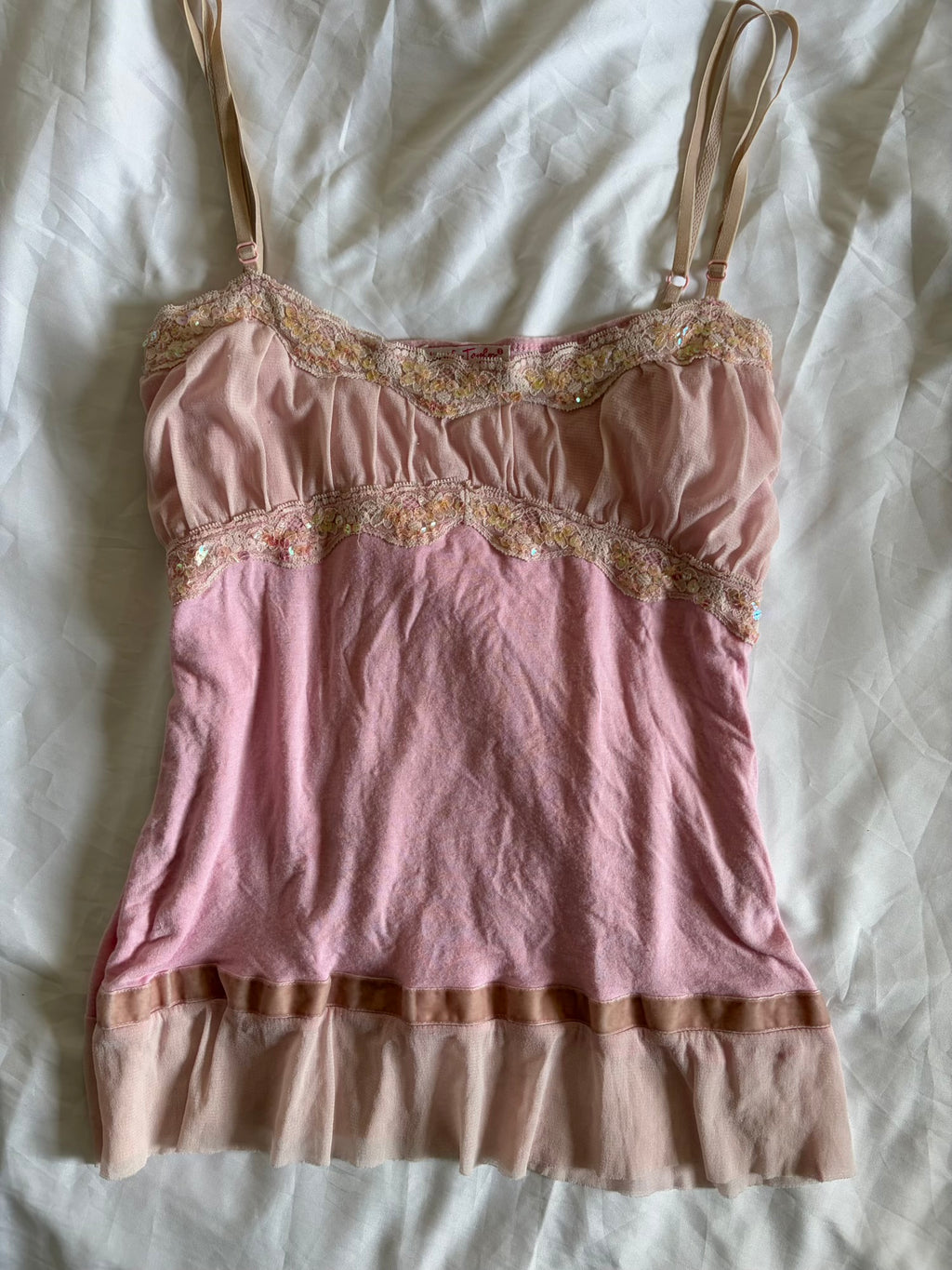 Vintage Y2K Baby Pink Cami with Holographic Sequins