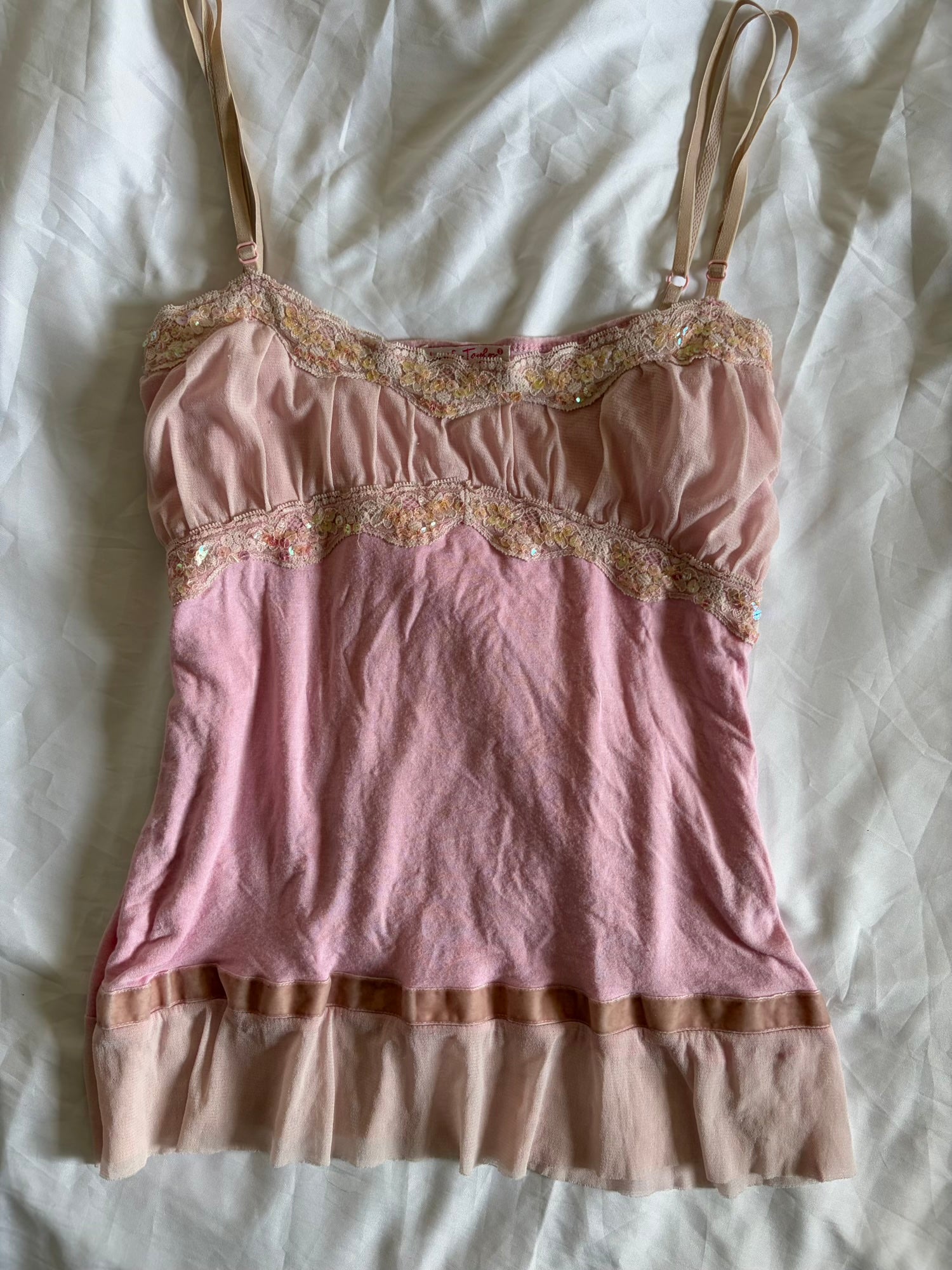 Vintage Y2K Baby Pink Cami with Holographic Sequins