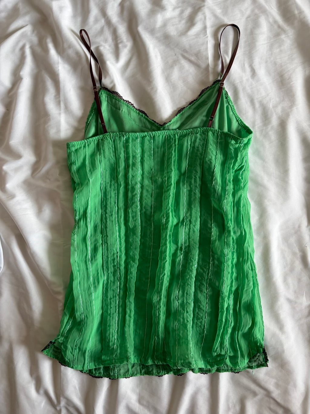 Vintage Y2K green sequin cami with brown lace detail and straps