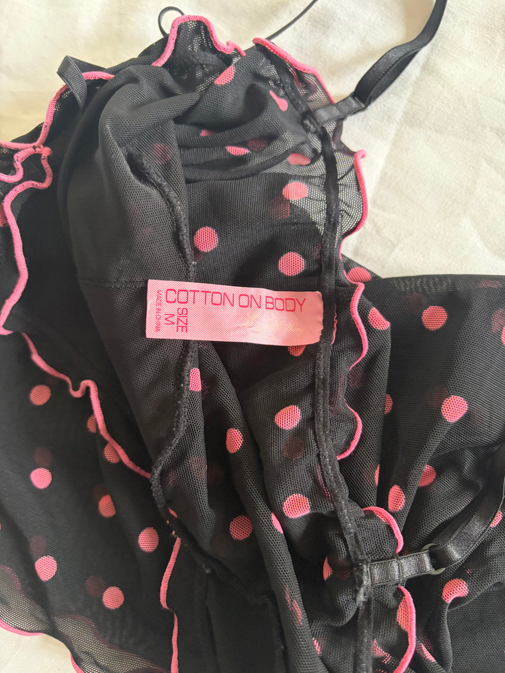 Vintage 2000s Black Mesh Cami with Hot Pink Polka Dots