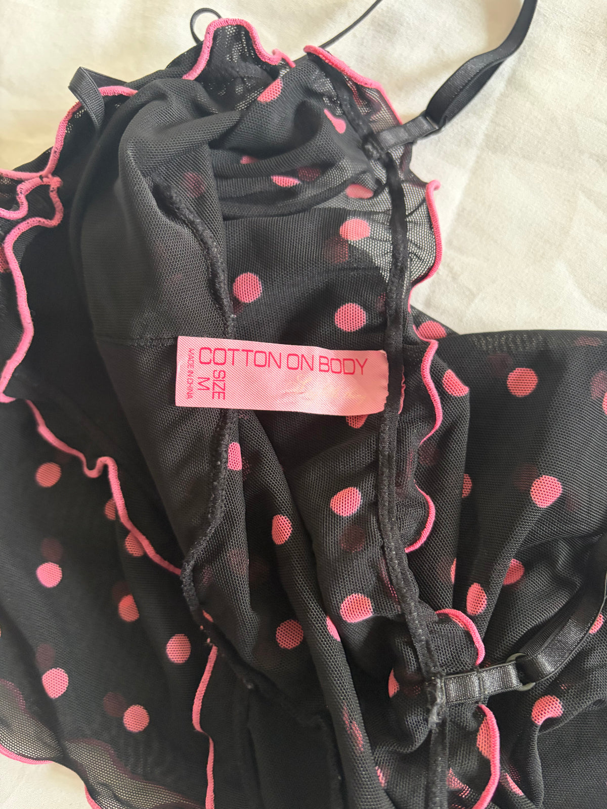 Vintage 2000s Black Mesh Cami with Hot Pink Polka Dots