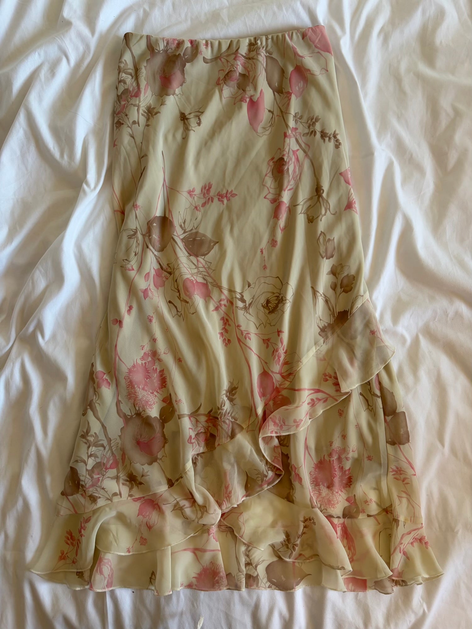 Vintage Y2K double ruffle hem midi skirt with pastel pink floral detail