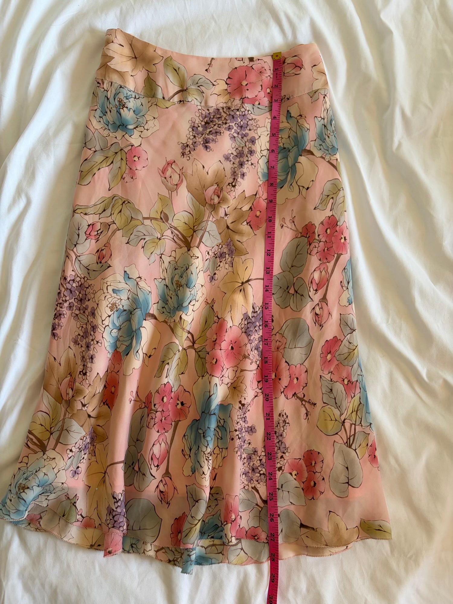 Vintage Y2K pastel silk floral midi skirt with ruffle hem