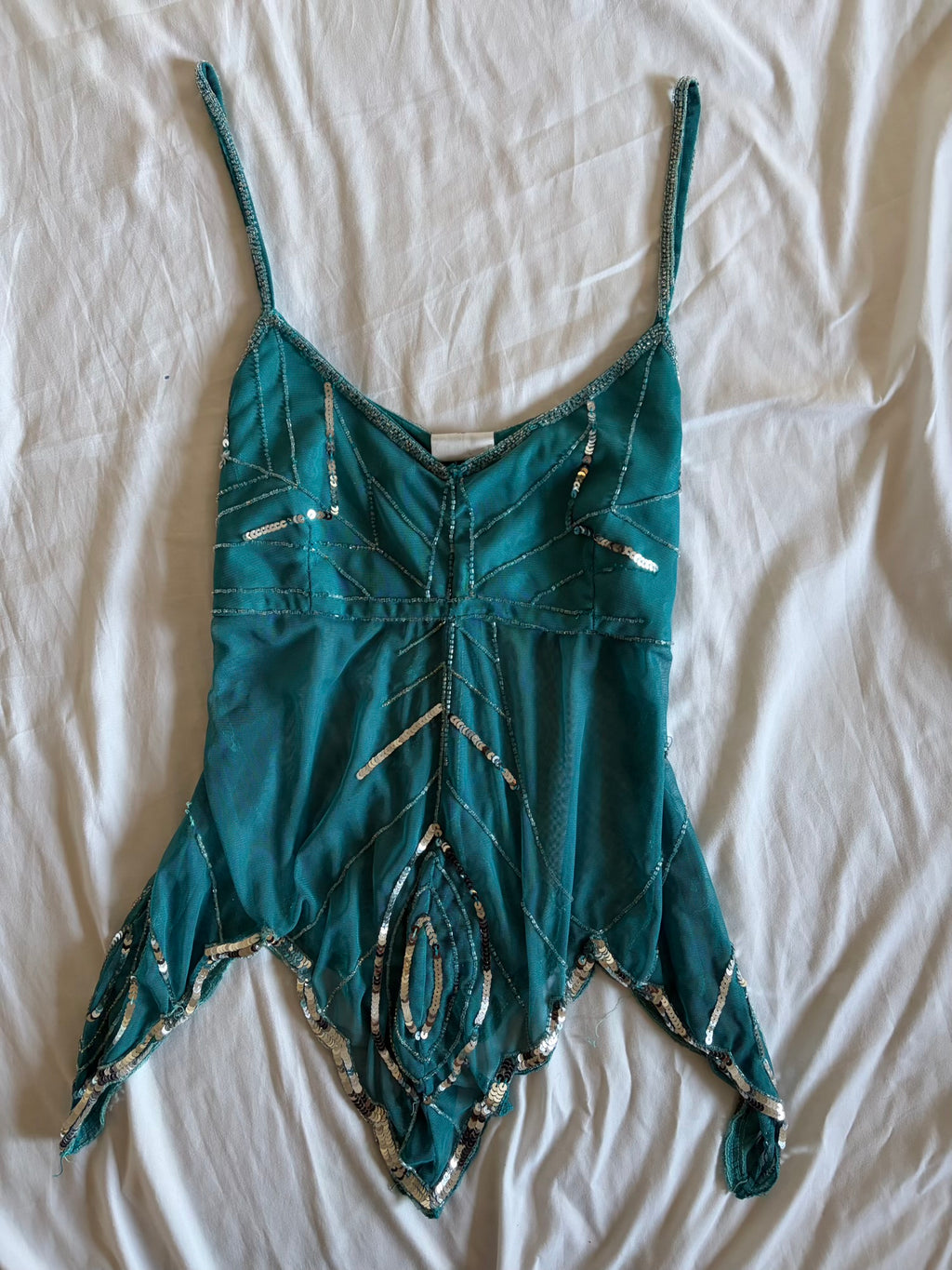 Vintage Y2K Teal Handkerchief Hem Sequin and Beaded Cami