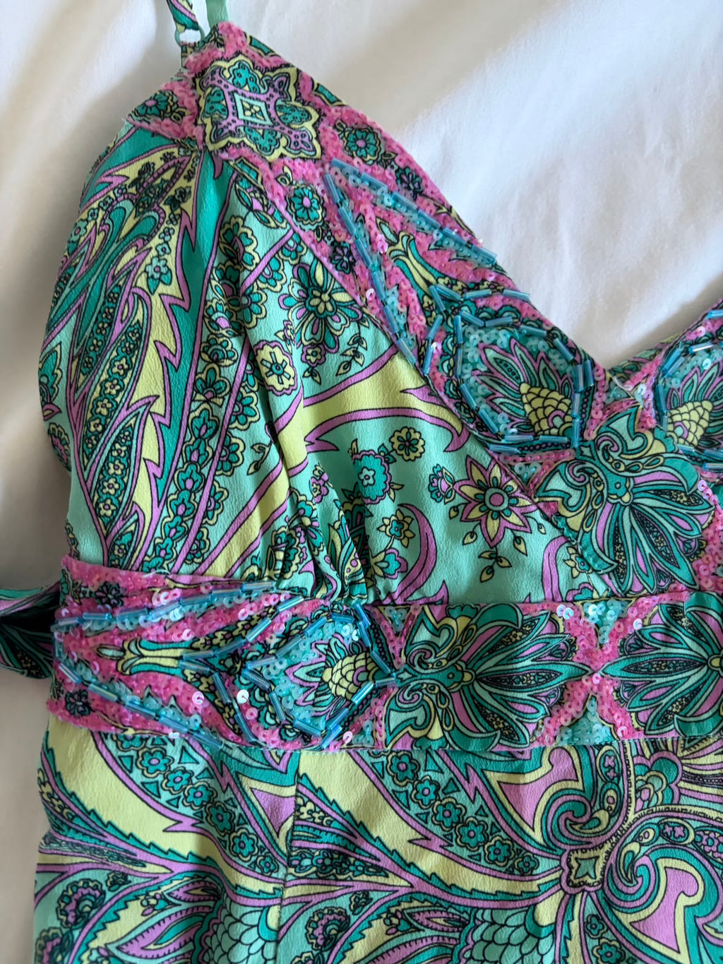 Vintage Y2K paisley silk tie back midi dress with beaded and sequin detail and handkerchief hem