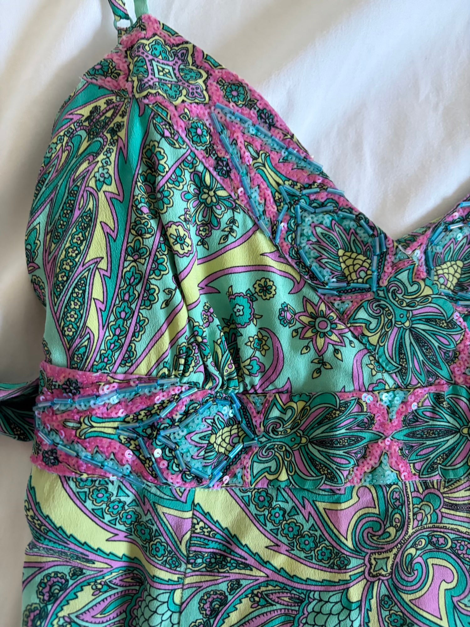 Vintage Y2K paisley silk tie back midi dress with beaded and sequin detail and handkerchief hem