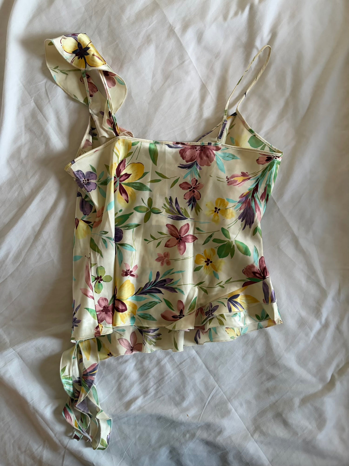 Vintage 1990s Floral Asymmetrical Hem Cami with Sequins and Frilly Hem