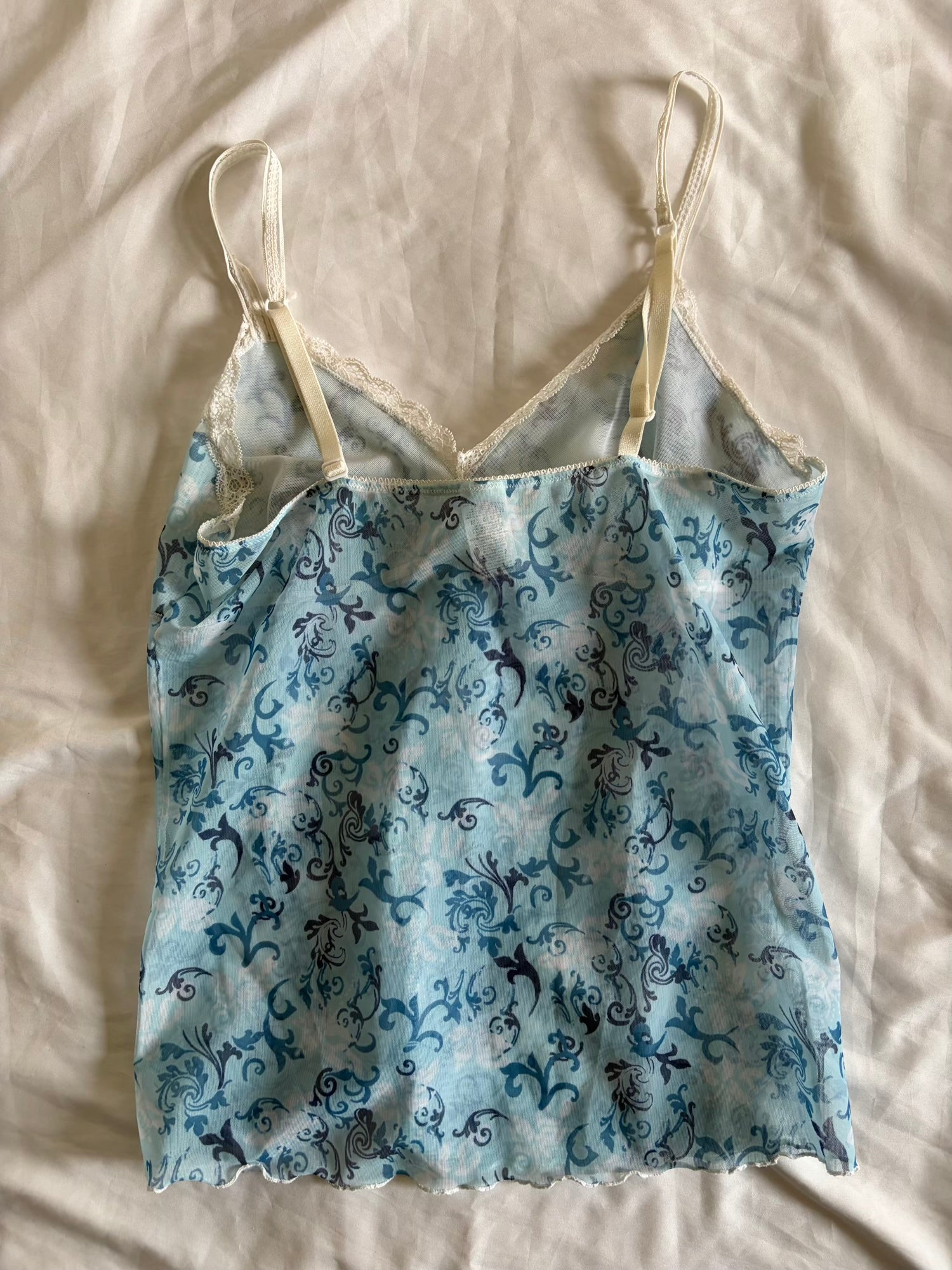 Vintage Y2K Blue Floral Micromesh Graphic Cami