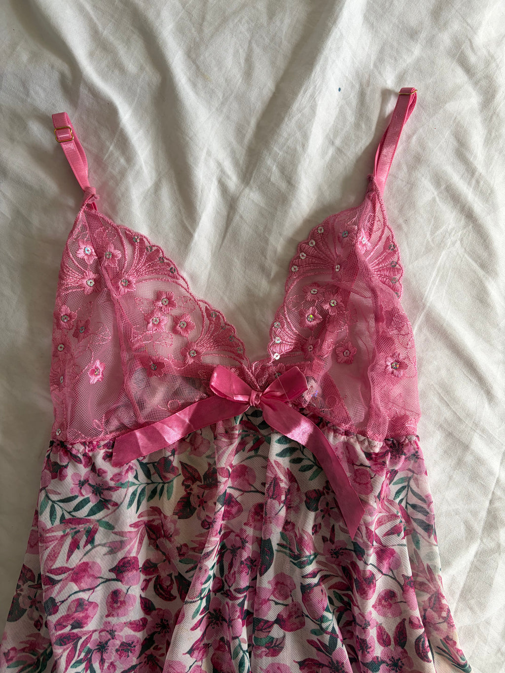 Vintage 2000s Pink Floral Babydoll with Sequin-Embroidered Cups