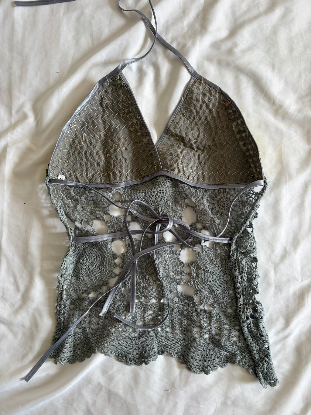 Handmade Grey Crochet Backless Halter and Ultra Mini Skirt Set