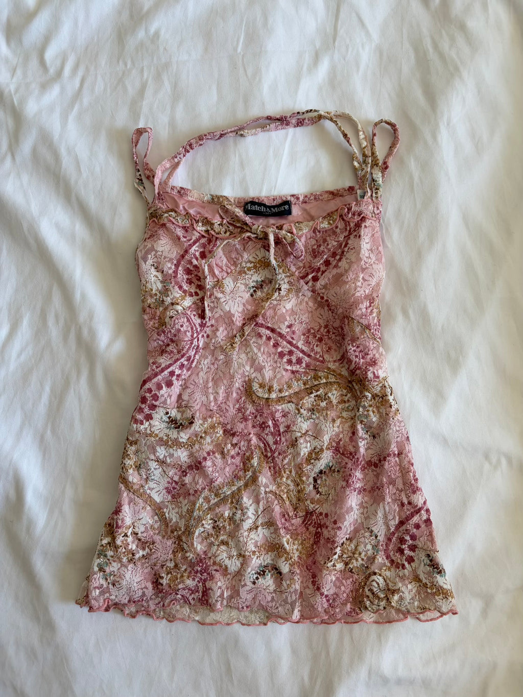 Vintage Y2K Japanese pink and brown lace coquette cami with double racer strap detail