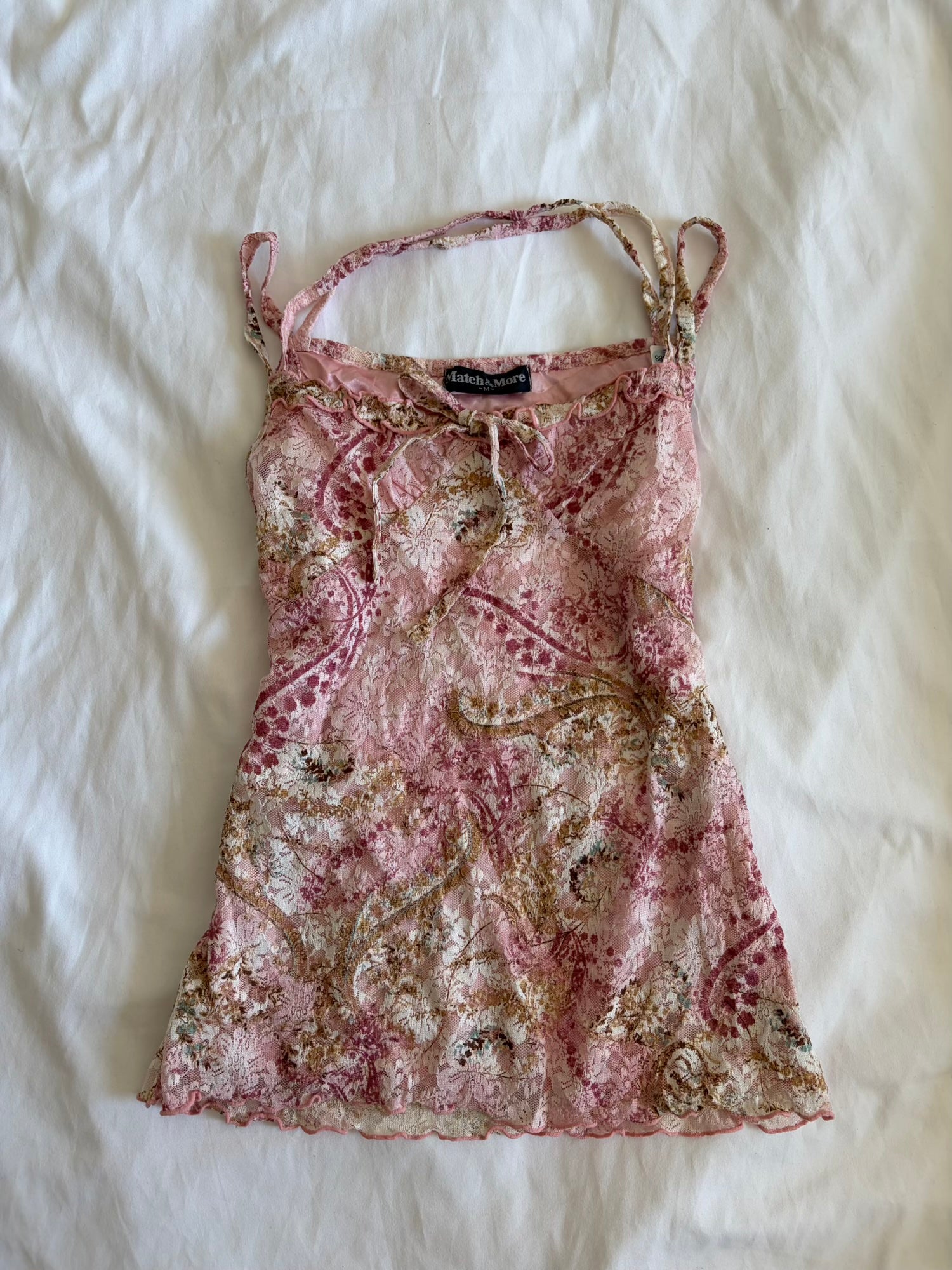 Vintage Y2K Japanese pink and brown lace coquette cami with double racer strap detail