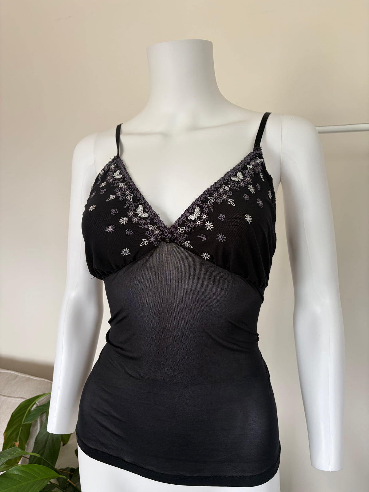 Vintage 1990s Black Mesh Cami with Butterfly-Embroidered Cups and Sequins