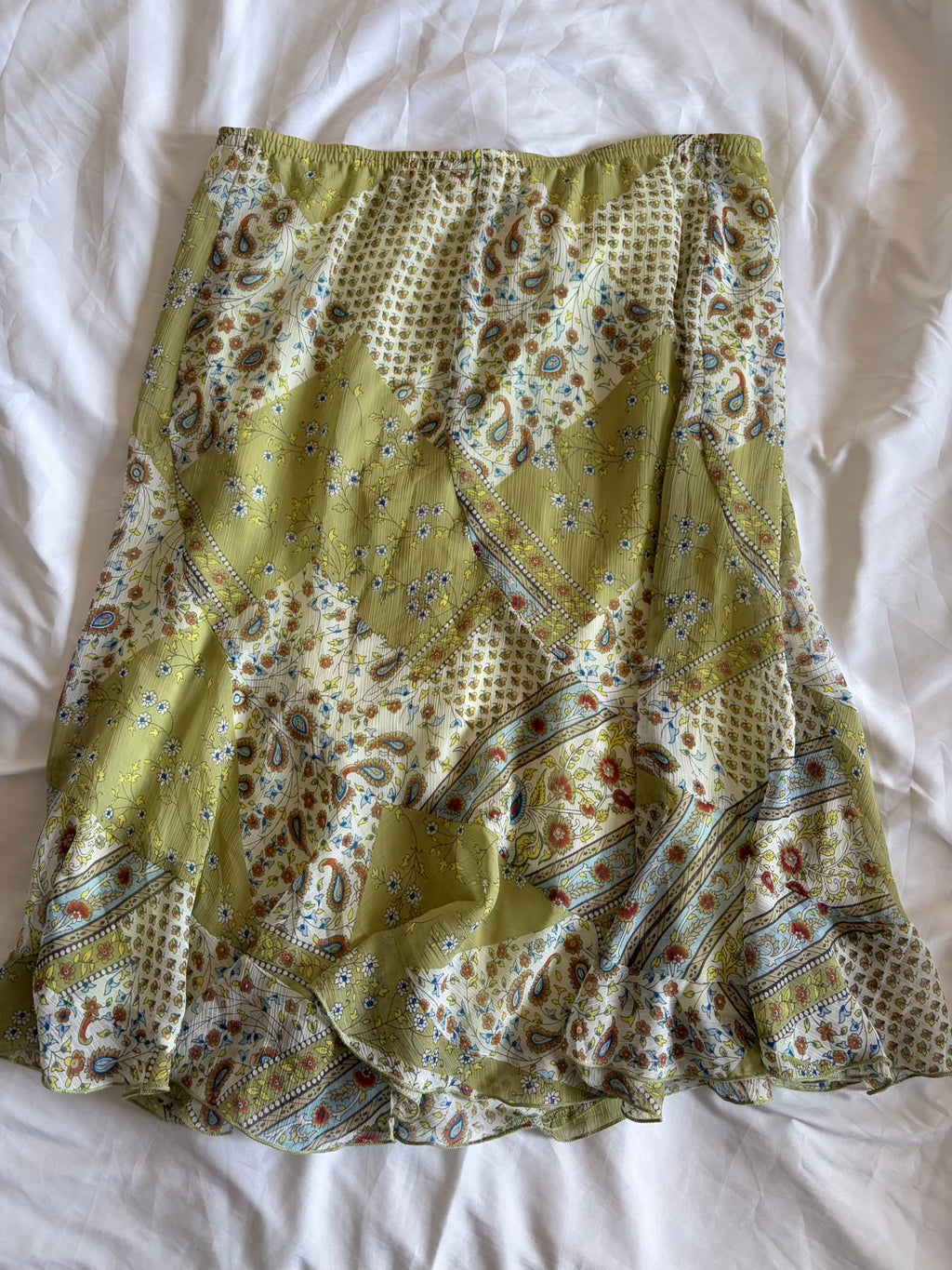 Vintage 1990s Green Floral and Paisley Midi Skirt with Floaty Hem