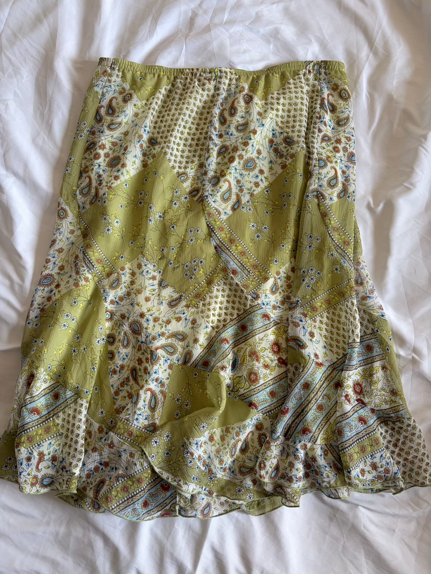 Vintage 1990s Green Floral and Paisley Midi Skirt with Floaty Hem
