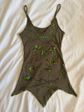 Vintage Y2K dark forest green sequin and beaded handkerchief hem cami