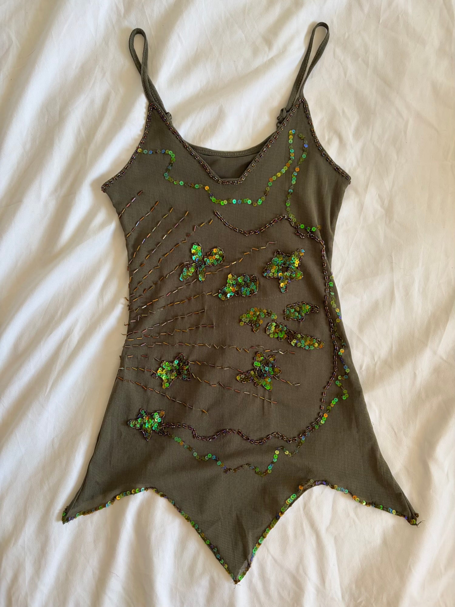 Vintage Y2K dark forest green sequin and beaded handkerchief hem cami
