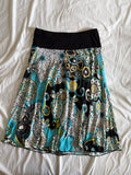 Vintage Y2K Black Midi Skirt with Blue and Yellow Florals and Polka Dots