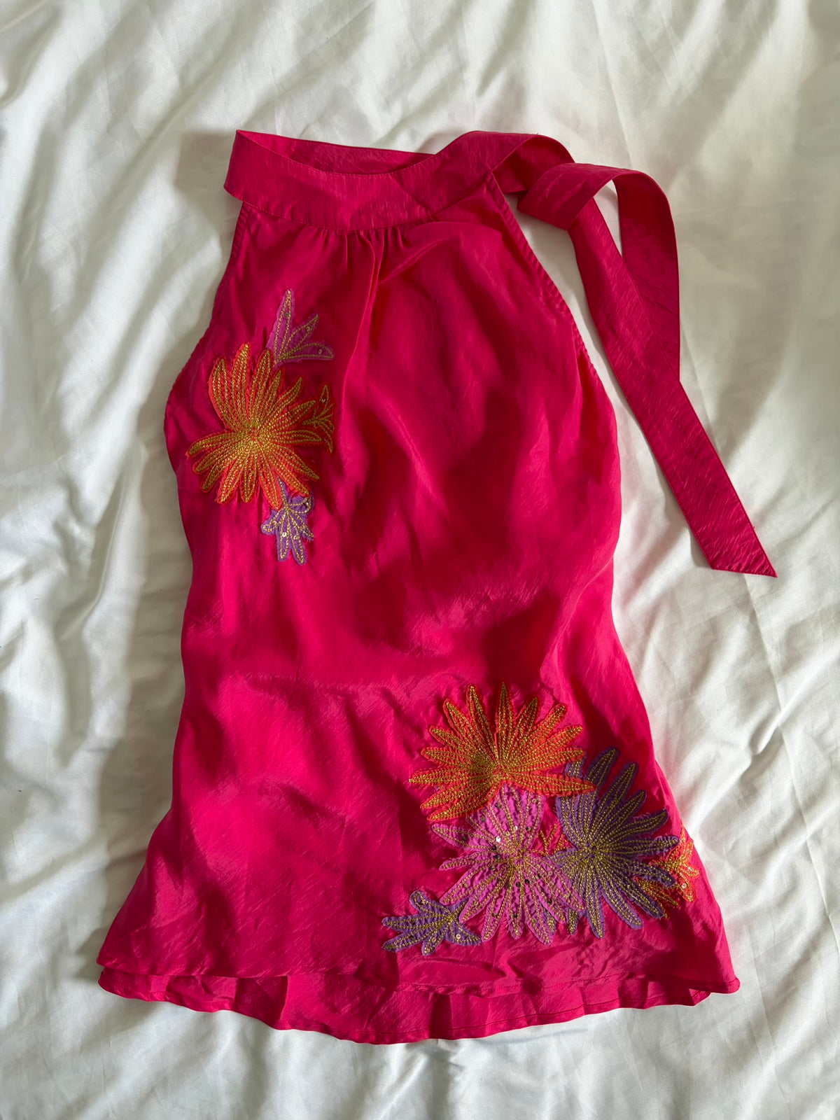Vintage 2000s Silk Pink Halterneck Cami with Floral Appliqué, Embroidery and Sequins