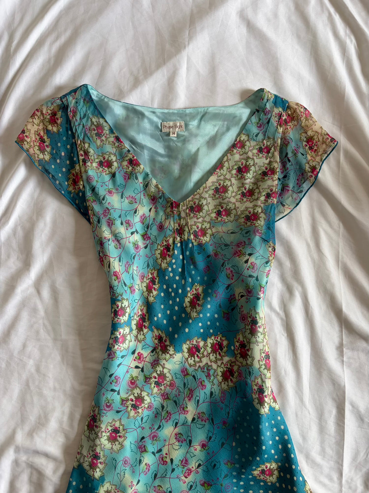 Vintage 1990s Silk Patchwork Polka Dot and Floral Floaty Dress