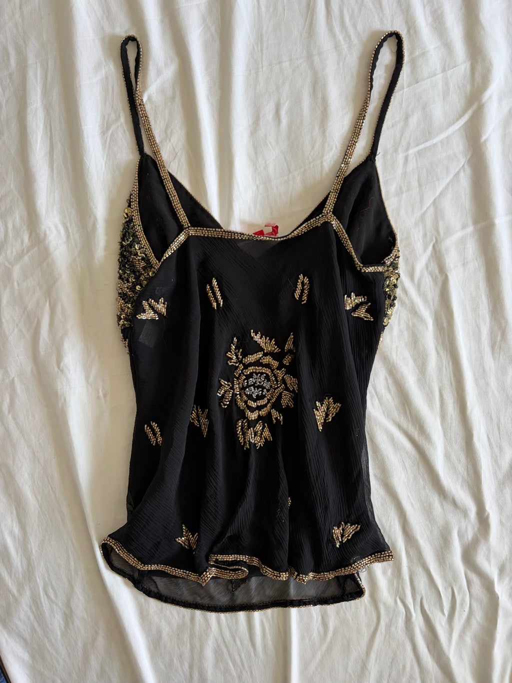 Vintage Y2K Aftershock Silk Black Cami with Gold and Silver Beads and Sequins
