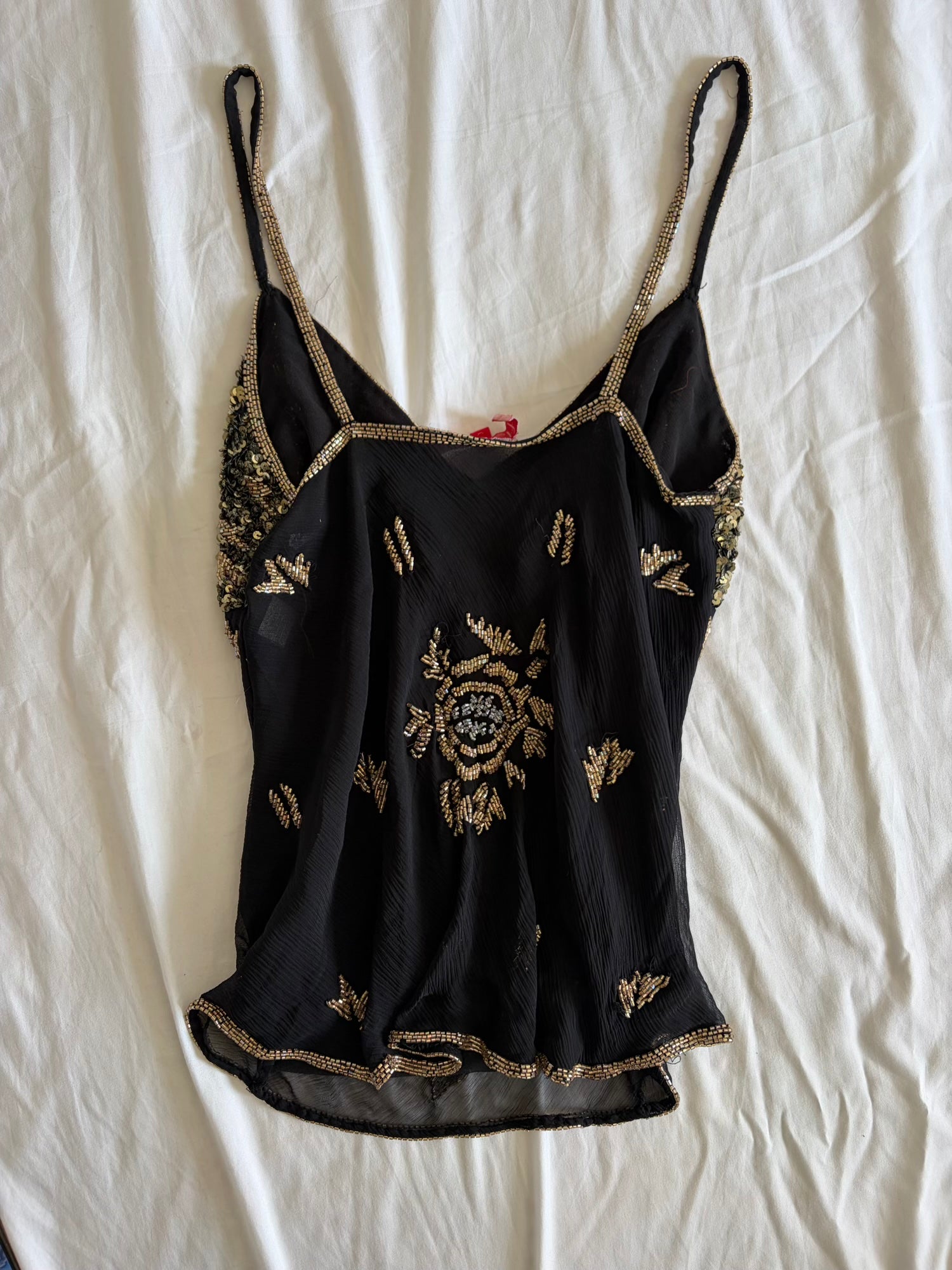 Vintage Y2K Aftershock Silk Black Cami with Gold and Silver Beads and Sequins