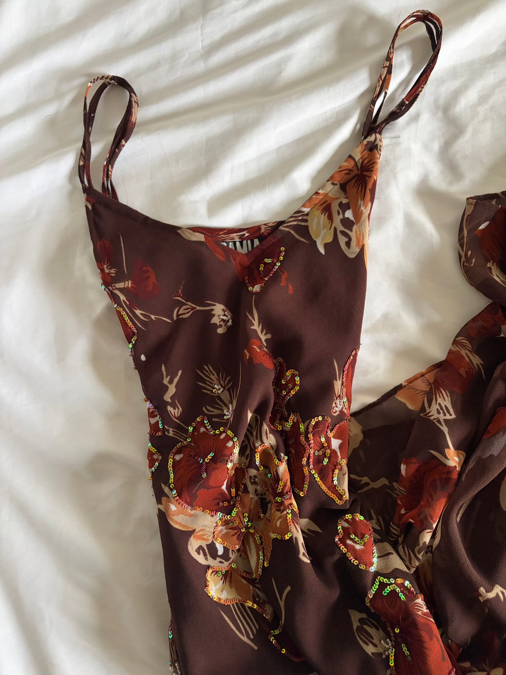 Vintage 2000s Brown Asymmetrical Hem Dress with Beads, Sequins and Matching Scarf