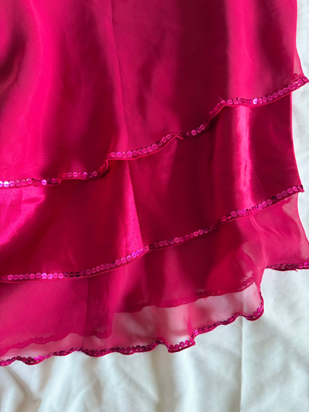 Vintage Y2K hot pink asymmetrical hem ruffle cami with sequin detail