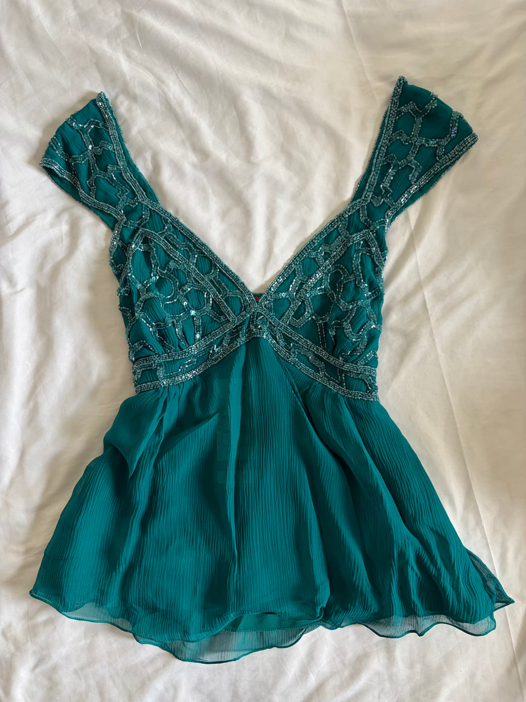 Vintage 2000s Aftershock Silk Teal Beaded Blouse