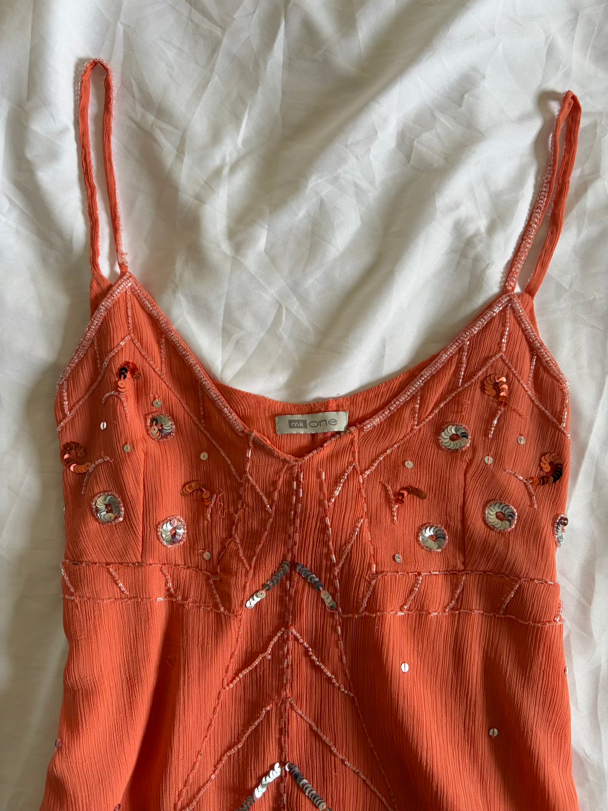 Vintage Y2K Coral Handkerchief Hem Sequin and Beaded Cami