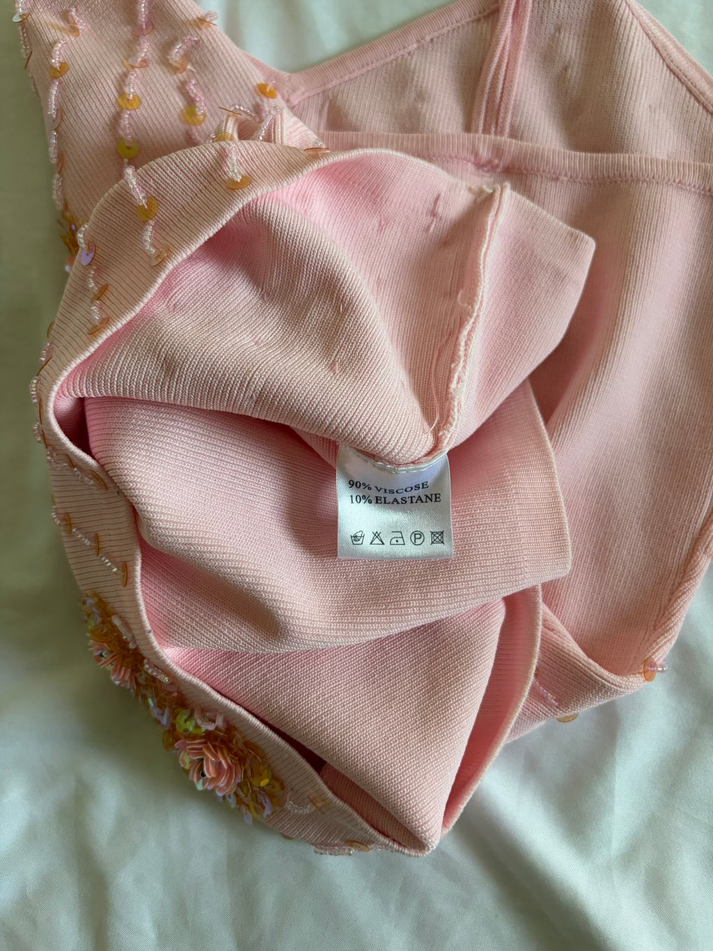 Vintage Y2K Baby Pink Knit Beaded and Sequin Cami with Triple Cross Straps