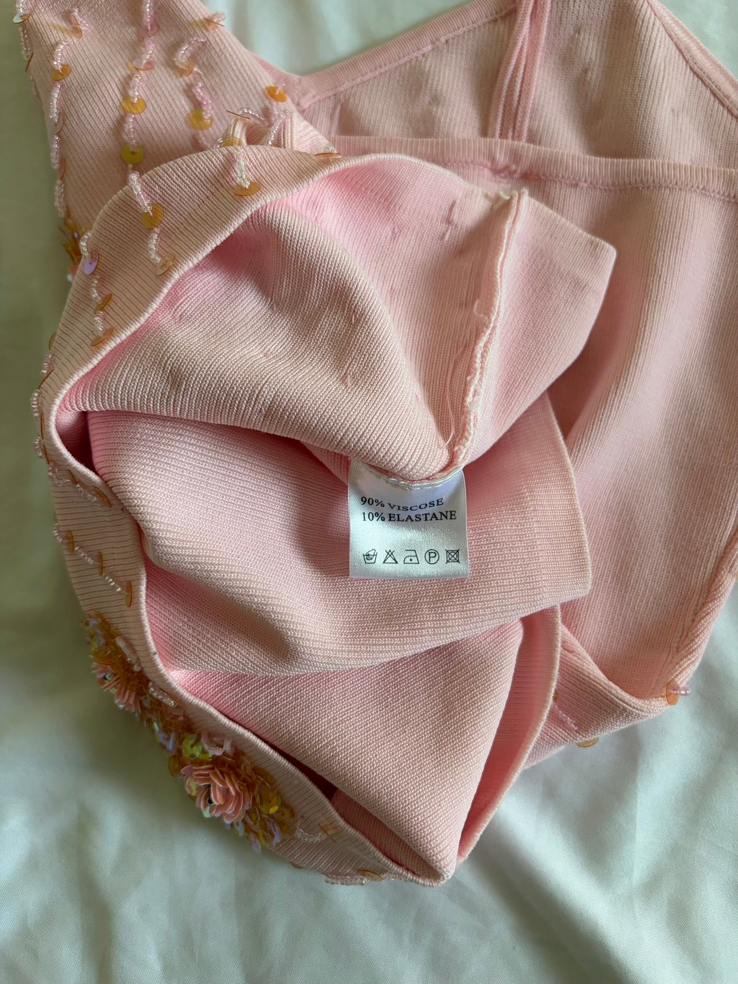 Vintage Y2K Baby Pink Knit Beaded and Sequin Cami with Triple Cross Straps