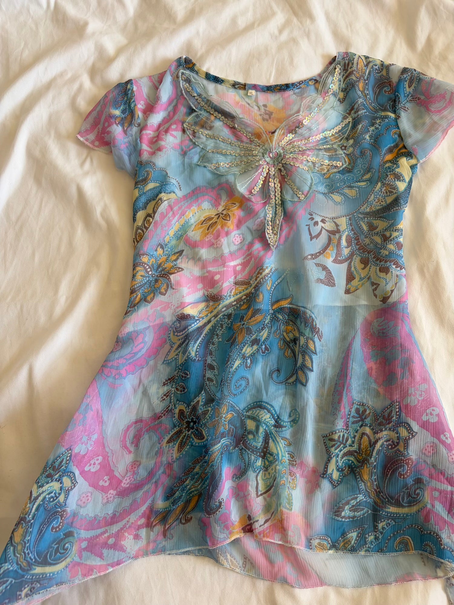 Vintage Y2K blue butterfly paisley short sleeve handkerchief hem top with sequins