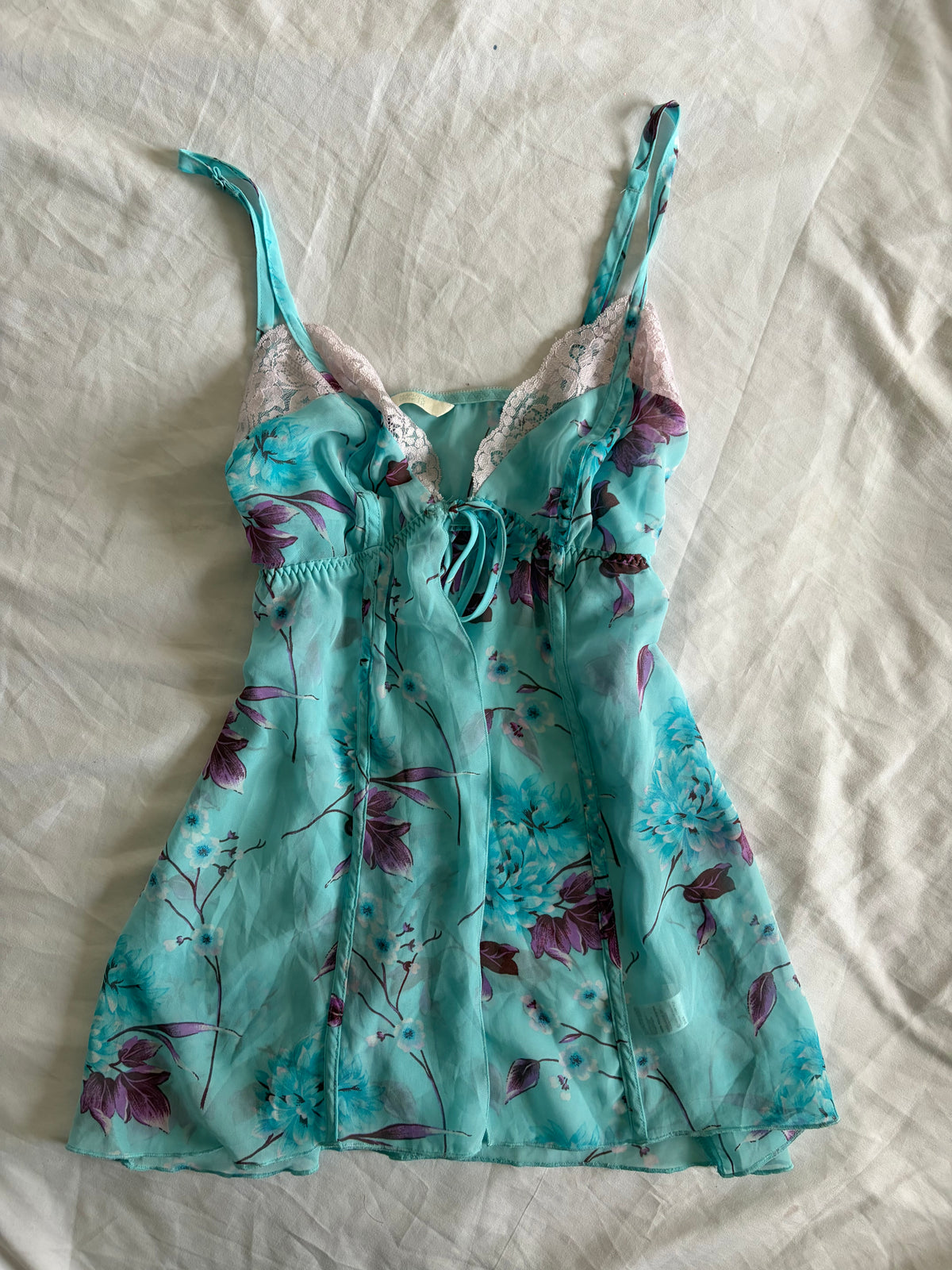 Vintage 2000s Blue Floral Tie-Bust Lace Cami