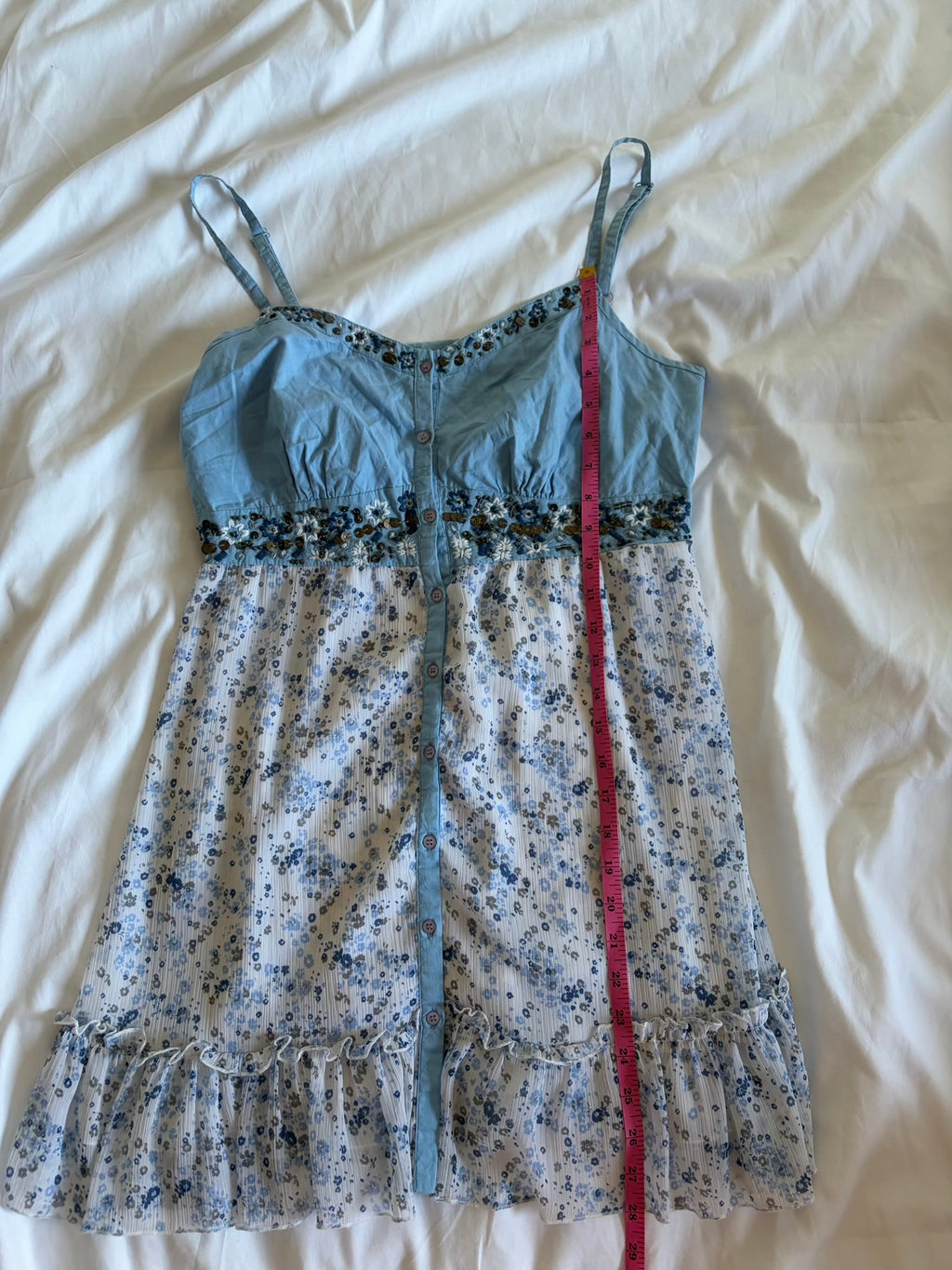 Vintage Y2K blue floral babydoll mini dress with embellishment and ruffle hem