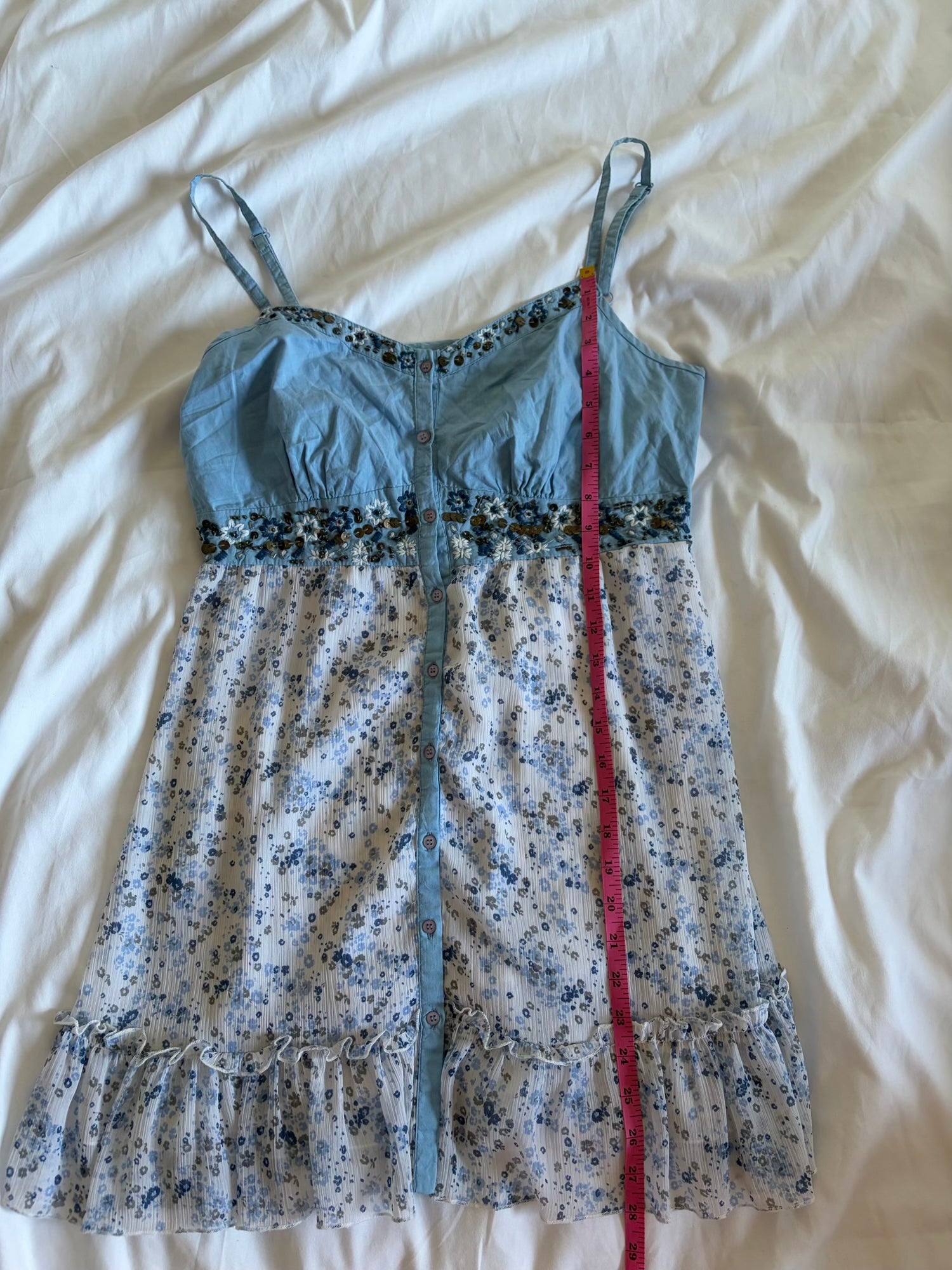 Vintage Y2K blue floral babydoll mini dress with embellishment and ruffle hem