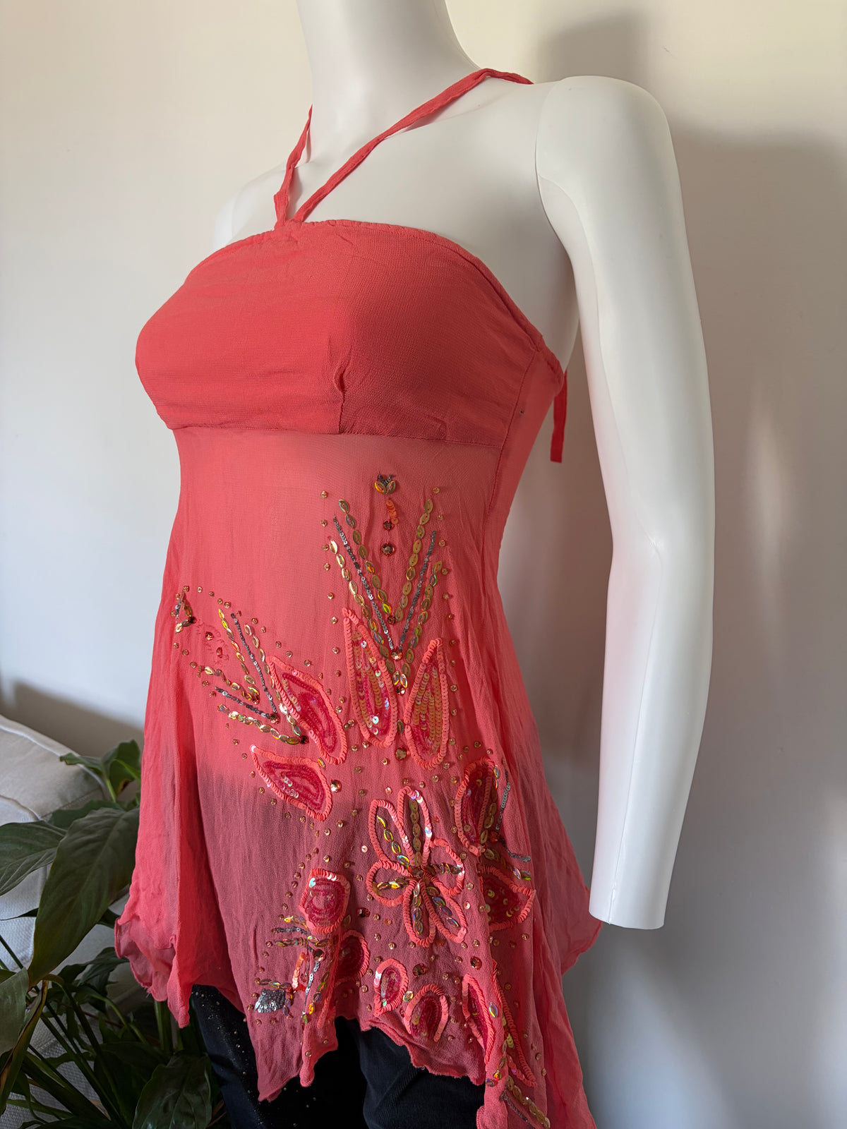 Vintage 2000s Morgan de Toi Coral Beaded Sequin Bandeau Halter