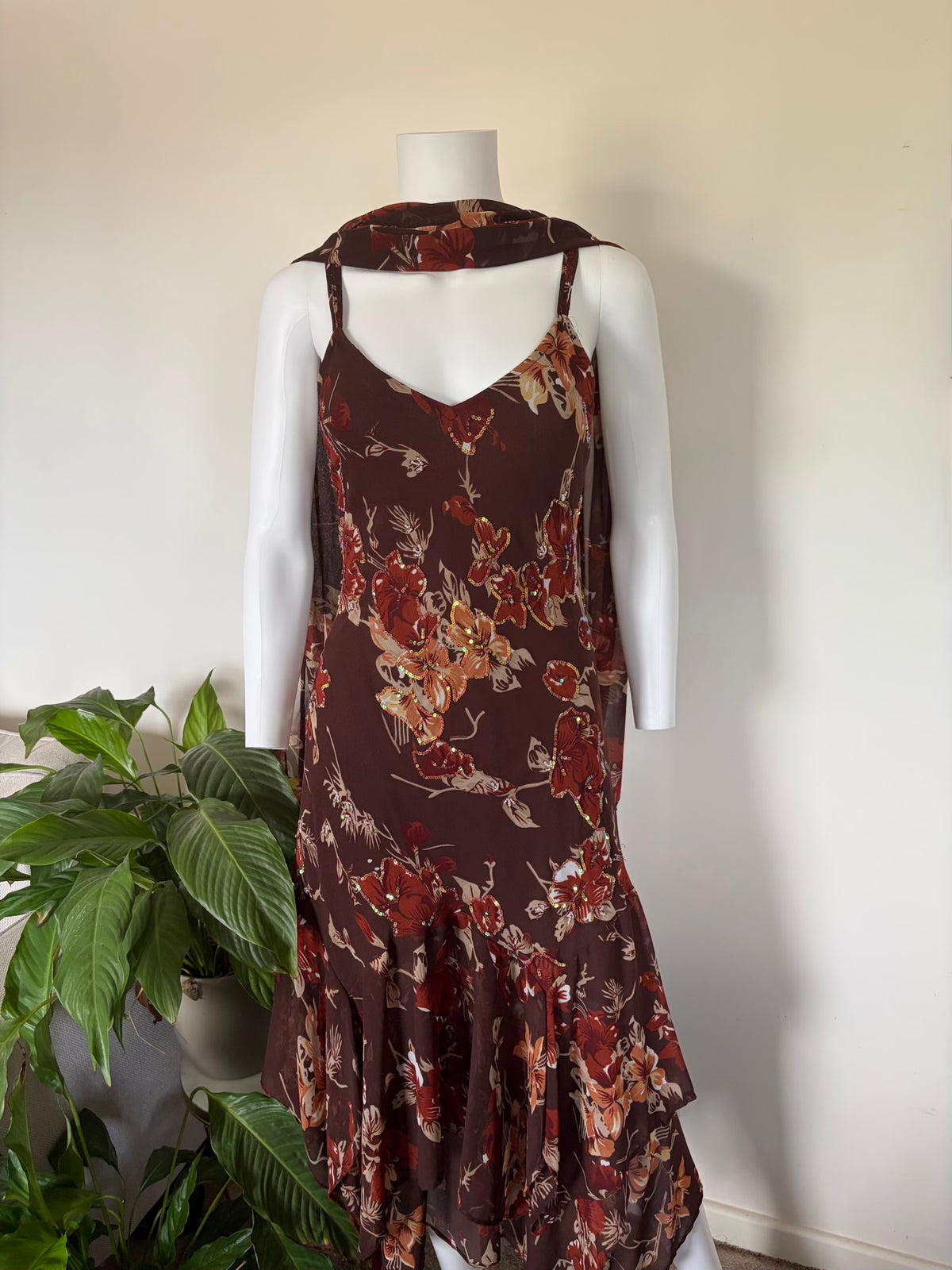 Vintage 2000s Brown Asymmetrical Hem Dress with Beads, Sequins and Matching Scarf