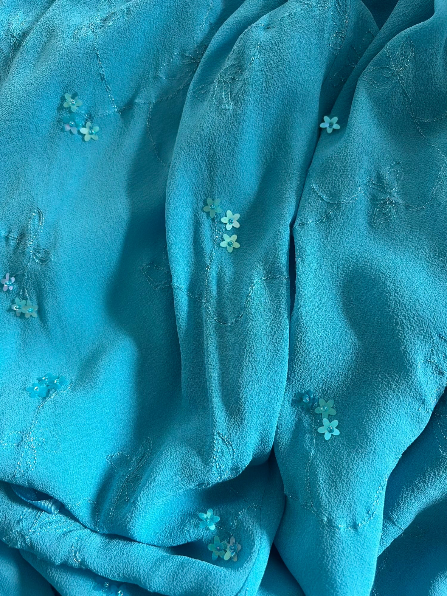 Vintage 1990s Turquoise Silk Asymmetrical Hem Dress with Mini Flowers and Beads