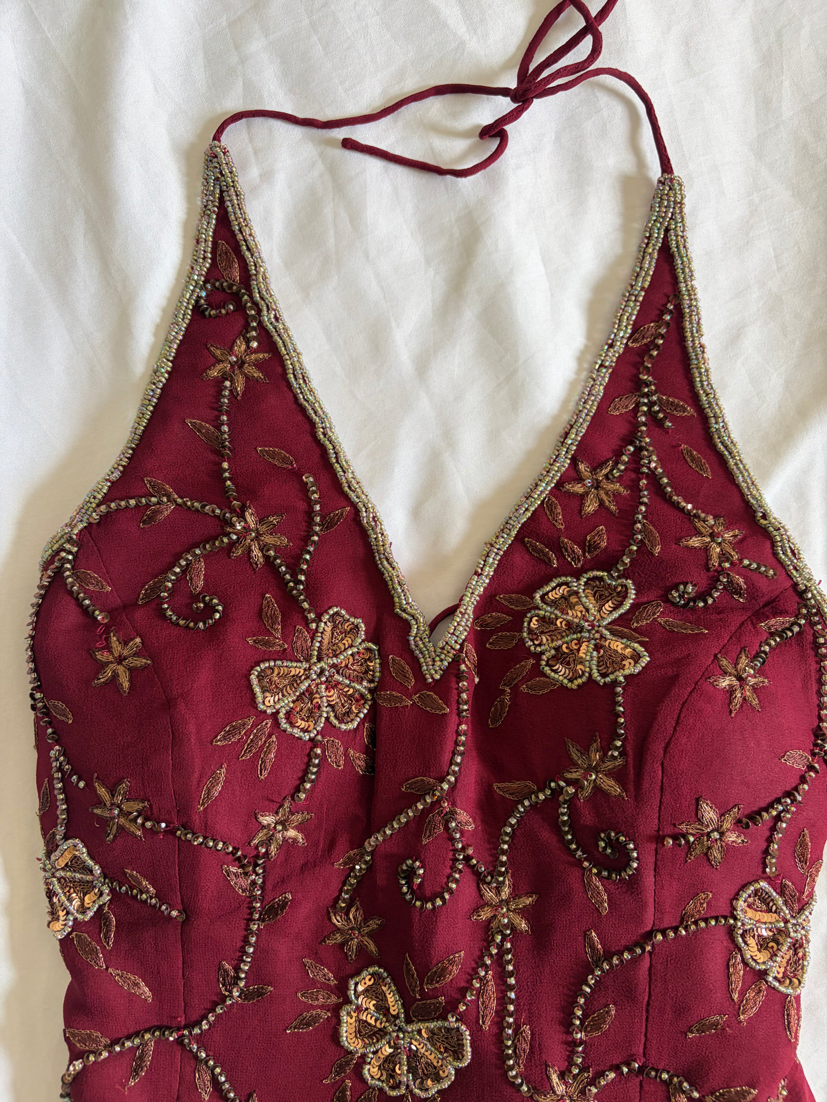 Vintage 2000s Banke B Silk Burgundy Bronze Sequin and Beaded Corset Halter, UK 8–10