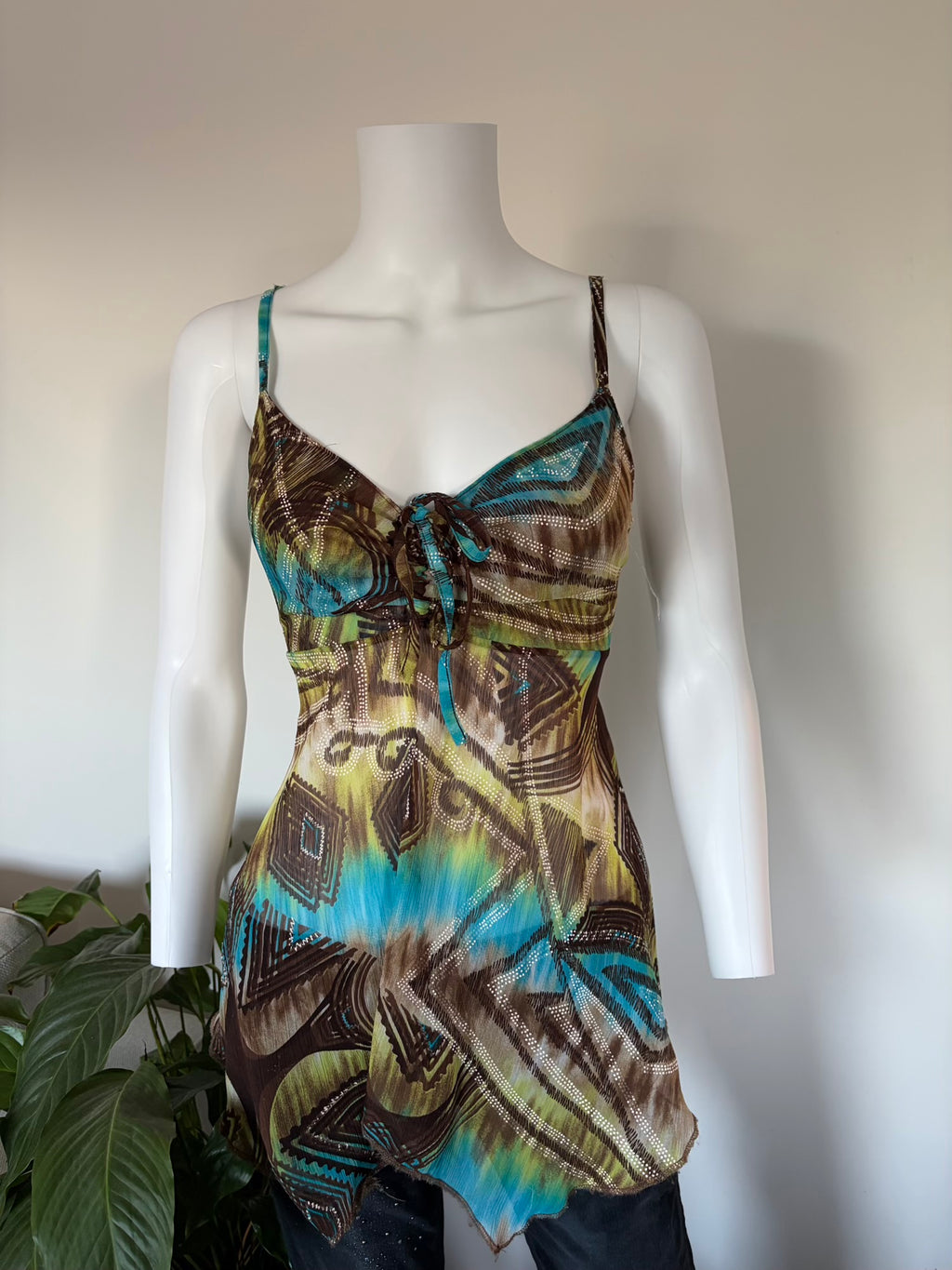 Vintage 1990s French Abstract Tie Back Babydoll Handkerchief Hem Cami