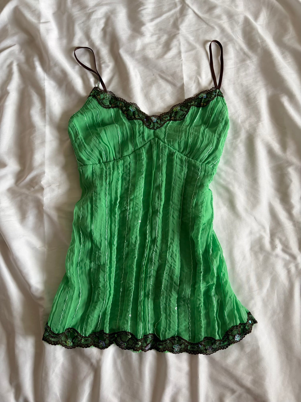 Vintage Y2K green sequin cami with brown lace detail and straps