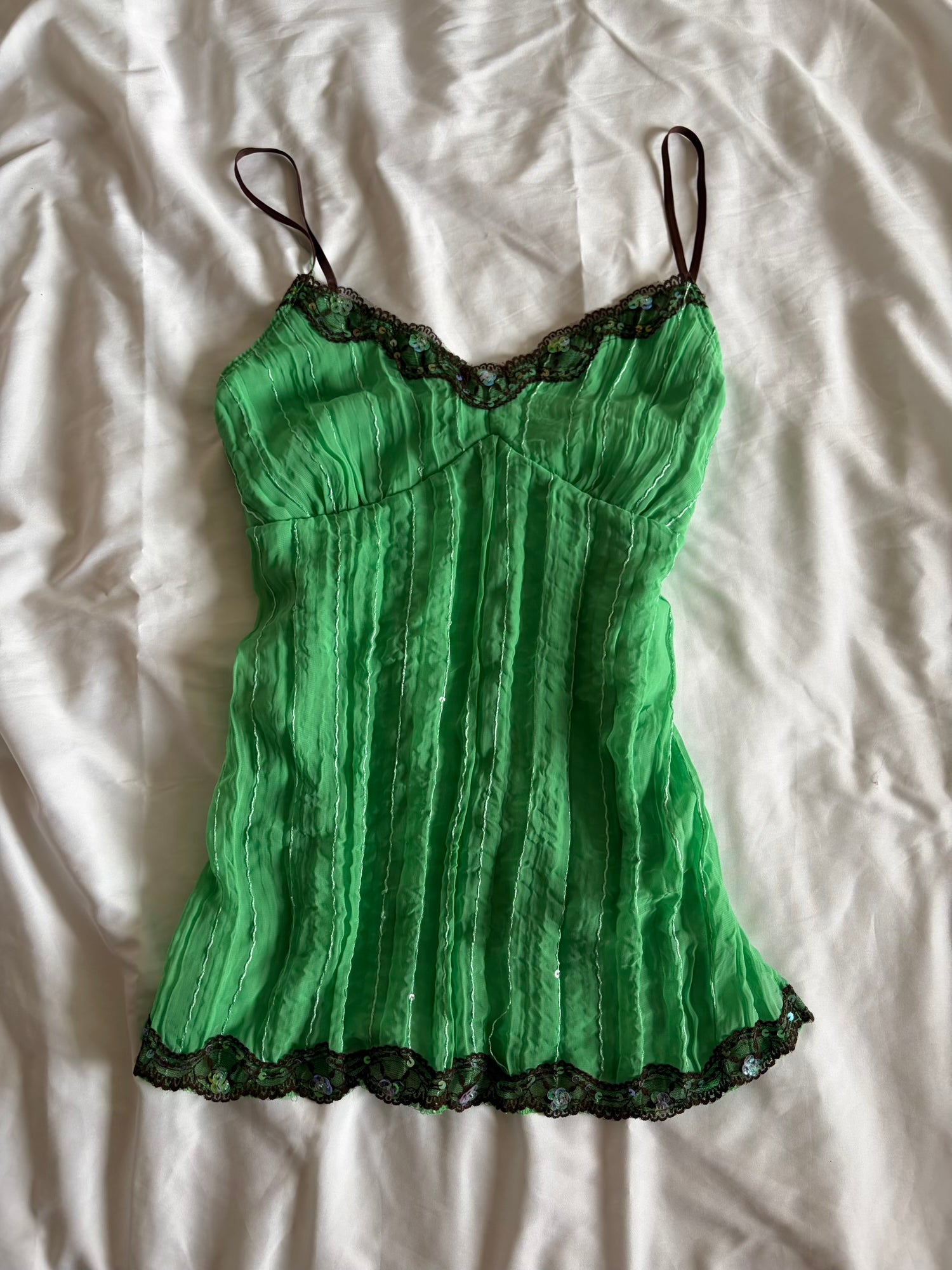 Vintage Y2K green sequin cami with brown lace detail and straps