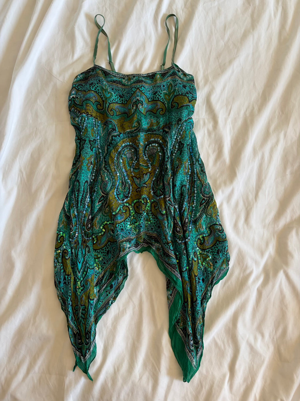 Vintage Y2K green silk paisley handkerchief hem bandeau forest fairy cami with iridescent sequins